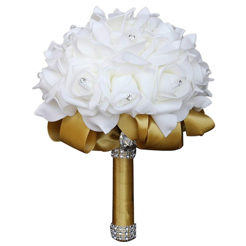 Flonding Wedding Bouquet, Gold Bouquet for Bride Bridesmaid with Diamond Soft Ribbons, Artificial Rose Bridal Holding Flowers for Party Church - Image 1